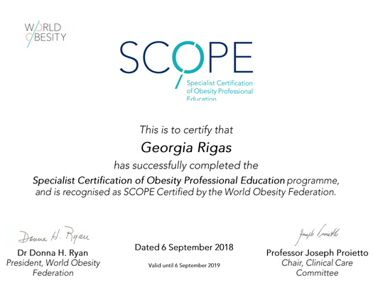 Dr Georgia Rigas is SCOPE-certified by the World Obesity Federation.
